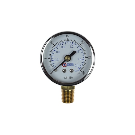 Coilhose Pneumatics 2" Chrome Dial Gauge 1/4" Bottom Mount 0-30 PSI GB1430